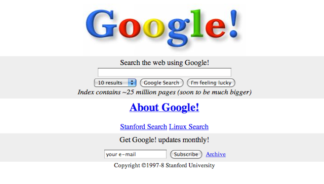 1998: Google có trang chủ đầu tiên của mình Trang chủ Google xuất hiện lần đầu tiên vào năm 1998. Trước đó, 2 nhà sáng lập nhận được tờ séc 100.000$ từ nhà đầu tư Andy Bechtolsheim gửi cho công ty Google, Inc., lúc đó vẫn chưa được thành lập. Tháng 09/1998, trụ sở đầu tiên của Google được xây dựng và đặt trong một ga-ra để xe của cô Susan Wojcicki ở Menlo Park, bang California. Sau đó họ gửi tờ séc vào ngân hàng và thuê nhân viên đầu tiên của mình, Craig Silverstein.